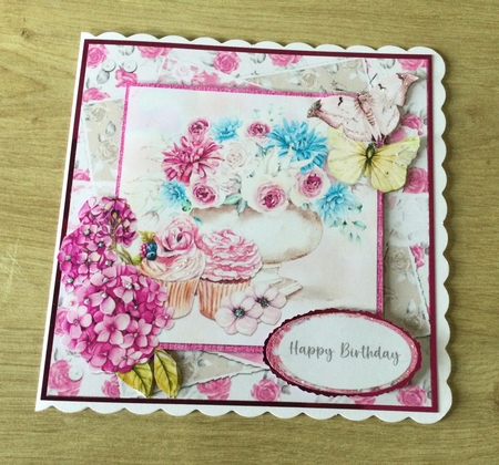 Pretty Pink 12: Rose Bowl & Cupcakes 5 x 5 Quick Cut & Fold Card with Sentiments by Honorscard Appleby