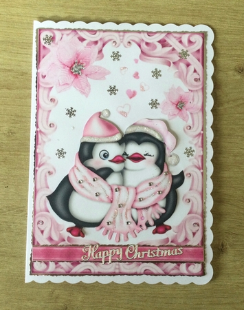 Ornate Pink Card Front With cute hugging penguins A5 by Honorscard Appleby