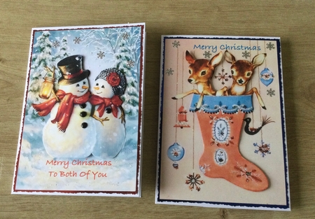 Lovely Snowman Couple and reindeers card fronts A5 by Honorscard Appleby