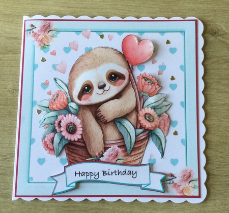 Lovely turq Heart Toppers with a cute valentines sloth 7x7 with Bow by Honorscard Appleby