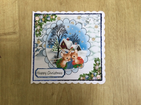 Cute Animals With Snow Scene Cottage & Blue Baubles Lace 8x8 Mini Kit by Honorscard Appleby