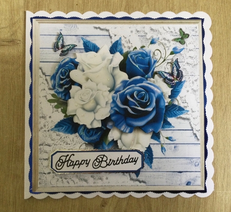 Lovely Wood & Lace 8x8 Frame With Blue & White 3D Roses (One) by Honorscard Appleby
