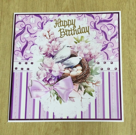 Pretty Purple Lace And Bows Birds Nest With Flowers 8x8 by Honorscard Appleby