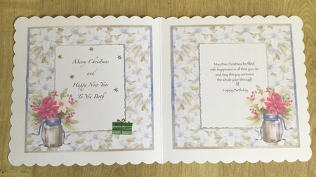 Christmas Greetings 46: Cerise/White Poinsettias 8 x 8 Card Insertt with Blue/Lilac Poinsettias Background by Honorscard Appleby