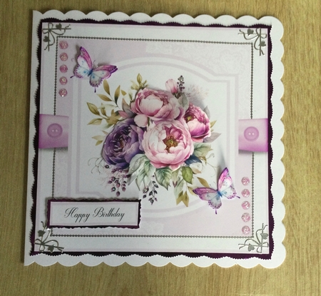 Purple Peonies and Butterflies 8x8 Quick Card - Design 2 by Honorscard Appleby
