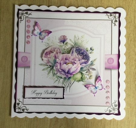 Purple Peonies and Butterflies 8x8 Quick Card - Design 4 by Honorscard Appleby