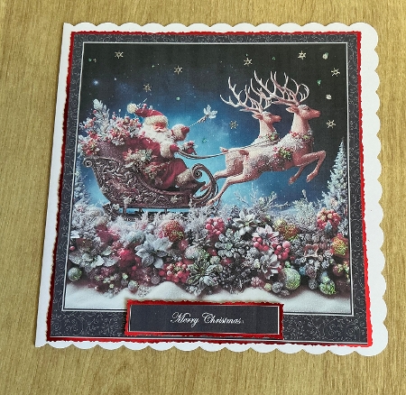 8 x 8 Santa in his sleigh quick card front. by Honorscard Appleby