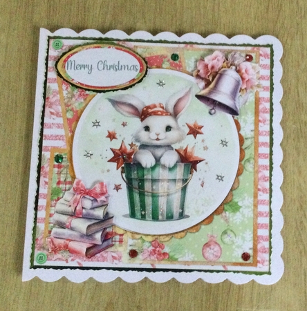Traditional Christmas 56: Bucket Bunny 6 x 6 Card Front with Topper, Decoupage and Sentiments by Honorscard Appleby