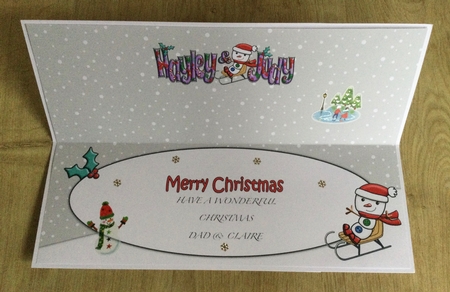 Jolly Snowman on Sledge HAYLEY & JUDY large dl insert by Honorscard Appleby