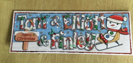 Jolly Snowman on Sledge TOM & ELLIOTT & FINLEY large dl by Honorscard Appleby
