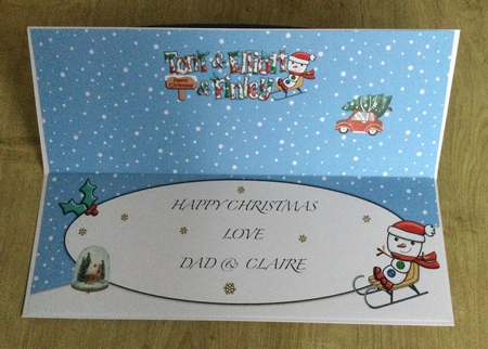 Jolly Snowman on Sledge TOM & ELLIOTT & FINLEY large dl insert by Honorscard Appleby