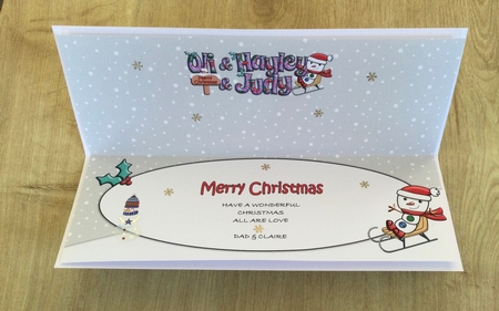 Jolly Snowman on Sledge OLI & HAYLEY & JUDY large dl insert by Honorscard Appleby