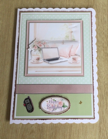 A5 Luscious Laptop 3 Card Front, Topper and sentiments with single layer decoupage by Honorscard Appleby