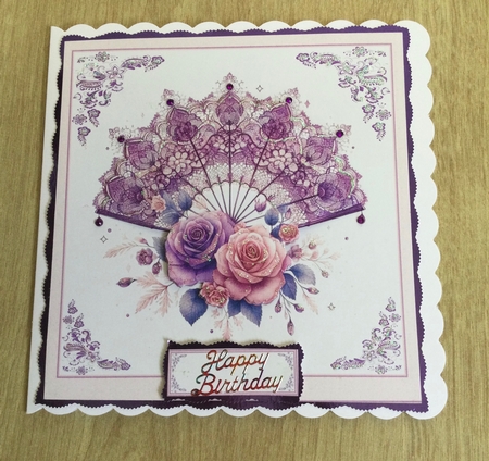 8 x 8 lilac & pale pink floral fan quick card front. by Honorscard Appleby