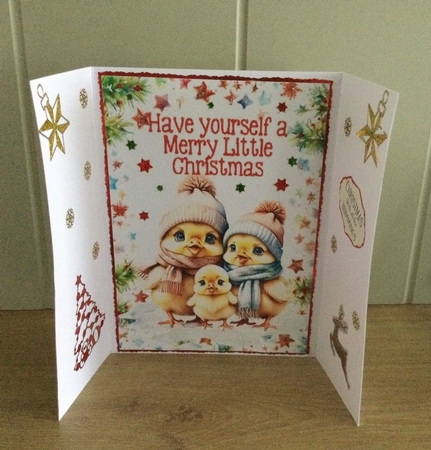 Lovely Christmas Gate Fold Card With Little Chicks Red Bows (FOUR) by Honorscard Appleby