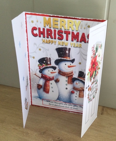 White Gate Fold And Red/White Poinsettias With Lovely Snowman Family by Honorscard Appleby