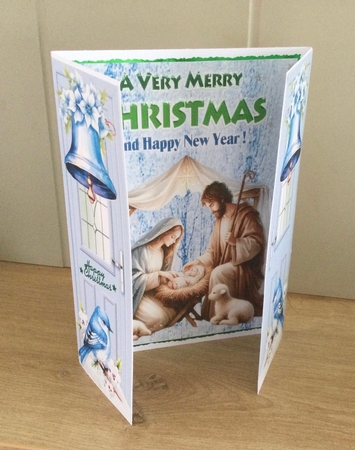  Nativity Scene WIth Blue Birds & Bells Gate fold by Honorscard Appleby
