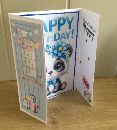 Cute Panda With Presents Blue Gatefold (THREE) by Honorscard Appleby