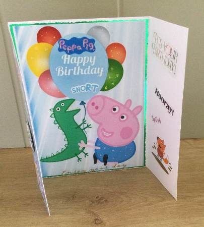 Blue Gatefold With Balloons & Peppa Pig (FOUR) by Honorscard Appleby