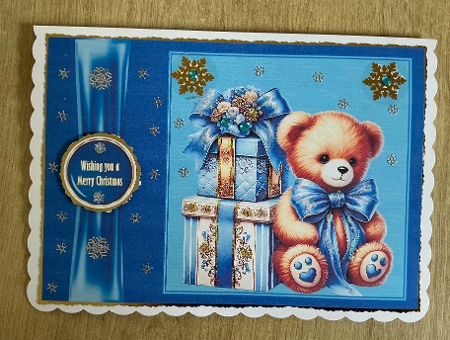 A5 Teddy bear and presents quick card front. by Honorscard Appleby