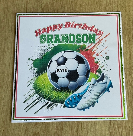 Football Fan 7x7ins card front birthday Grandson with tags & gift card by Honorscard Appleby