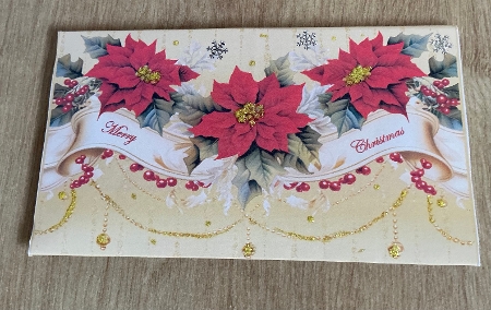 Poinsettia & gold scrolls scalloped edged money wallet. by Honorscard Appleby