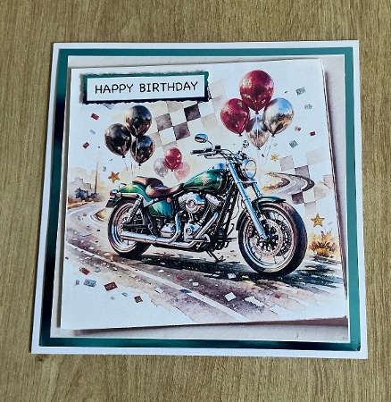 Green Motorcycle With Balloons And Flag Celebration by Honorscard Appleby