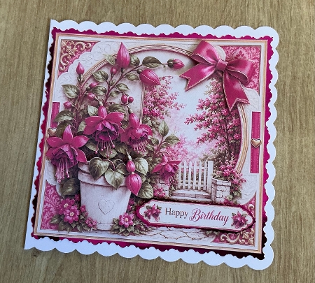 8x8 Fuschia Garden Gate Quick Card Front with Sentiment  by Honorscard Appleby