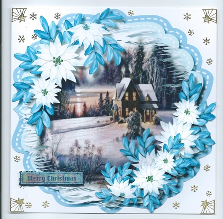 Lovely Blue Scene with Poinsettias by Honorscard Appleby