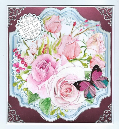 A lovely Shaped card with Pink roses and Lace  by Honorscard Appleby