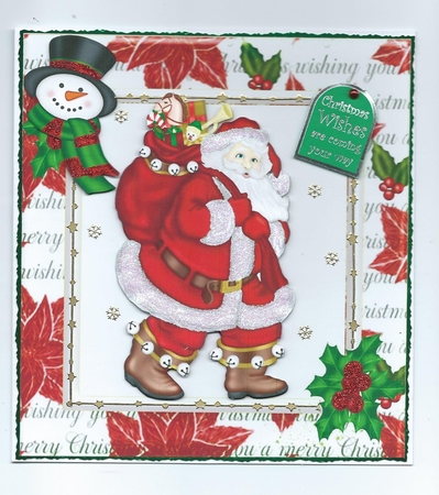 Lovely santa with sack of toys and snowman 8x8 by Honorscard Appleby