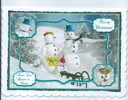 Christmas card snowman scene with family tags by Honorscard Appleby