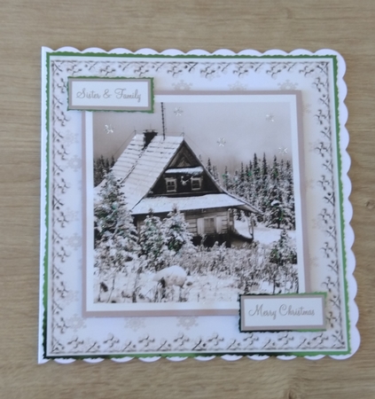 Christmas card front with winter scene and family tags by Honorscard Appleby