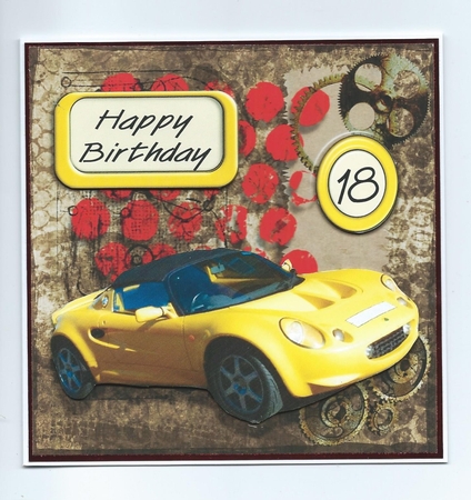 Grunge Yellow Sports Car Male Age Birthday Square Card Topper 17,18,19 by Honorscard Appleby