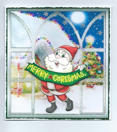 Santas greeting 7x7 card with large decoupage and sentiment tags by Honorscard Appleby