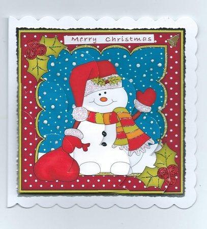 Christmas Snowman Oli has a Santa Sack Shell Edged Corner side stacker by Honorscard Appleby