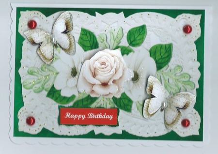 Painted roses and paper butterflies on vintage lace with pearls A4 by Honorscard Appleby