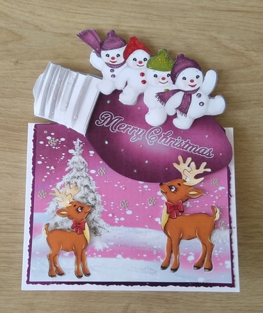 Up Up! and away snowmen having fun on a pink light bulb, over the edge by Honorscard Appleby