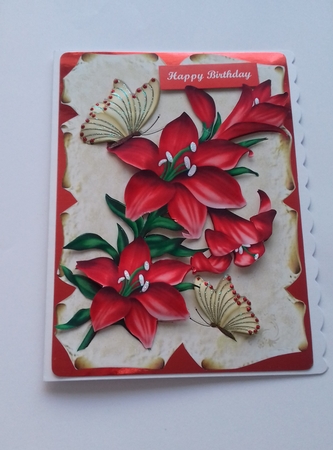 Pretty red lilies on a scroll with gold butterflies by Honorscard Appleby