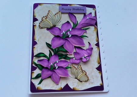 Pretty lilac lilies on a scroll with gold butterflies by Honorscard Appleby