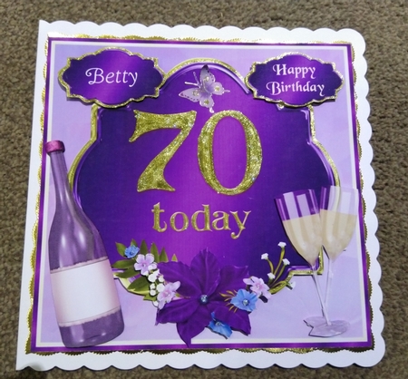 70th Birthday card topper with wine, glasses and flowers by Honorscard Appleby