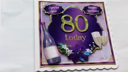 80th Birthday card topper with wine, glasses and flowers by Honorscard Appleby