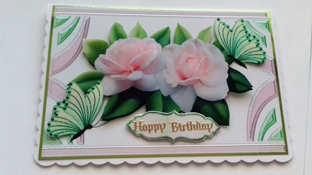 pink blush roses in art deco frame with butterflies A5 by Honorscard Appleby