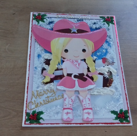 Lovely Cowgirl in Christmas Scene with pink Hat  by Honorscard Appleby