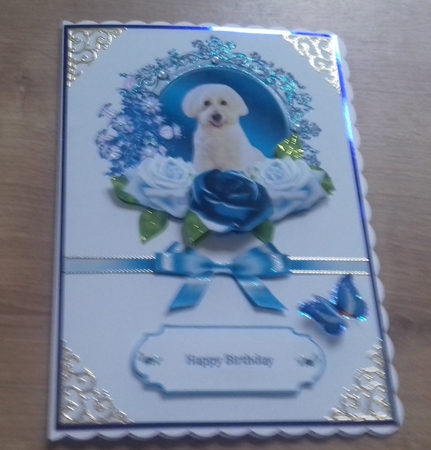Blue A5 puppy in fancy frame step by step card front. by Honorscard Appleby