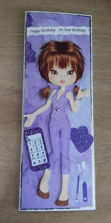 pretty girl in purple (one) with her mobile phone tall DL by Honorscard Appleby