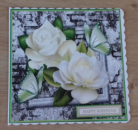 White roses with brick effect frame with butterflies 8x8 by Honorscard Appleby
