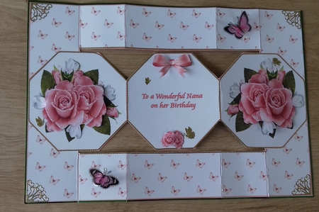 Pink roses octagonal tri-fold card (Nana) by Honorscard Appleby