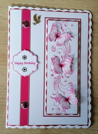 Fuschia butterfly swirls A5 card front. by Honorscard Appleby
