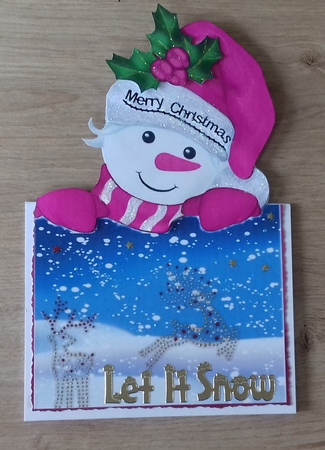 Lovely jolly snowman  in pink over the edge by Honorscard Appleby